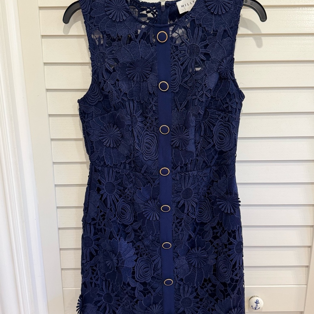 JUDY CADY LACE COMBO MINI DRESS IN STUNNING NAVY BLUE BY MILLY